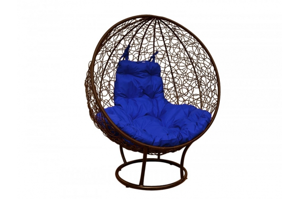 Кресло Кокон Круглый на подставке ротанг каркас коричневый-подушка синяя