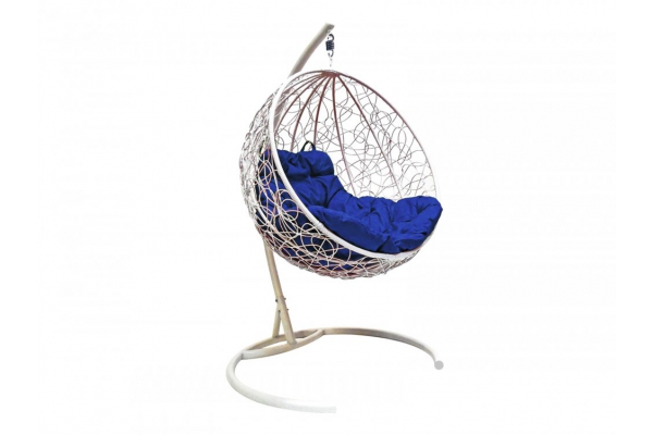 Подвесное кресло Кокон Круглый ротанг каркас белый-подушка синяя