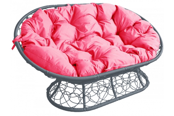 Диван Мамасан с ротангом каркас cерый-подушка розовая