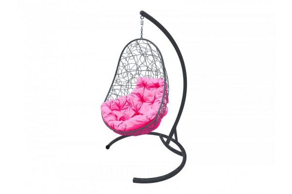 Подвесное кресло Кокон Овал ротанг каркас серый-подушка розовая