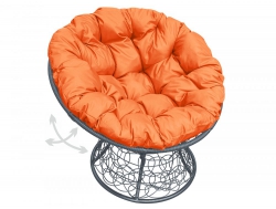 Кресло Папасан пружинка с ротангом каркас серый-подушка оранжевая