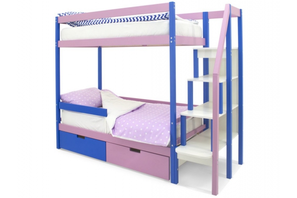 Двухъярусная кровать Svogen ящики, бортик синий-лаванда